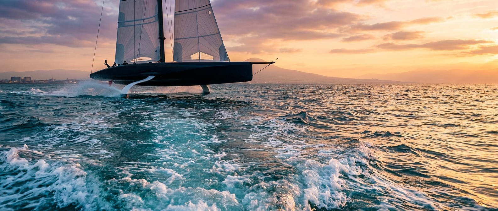 AC75 in foiling durante la Coppa America nel Golfo di Napoli, al tramonto