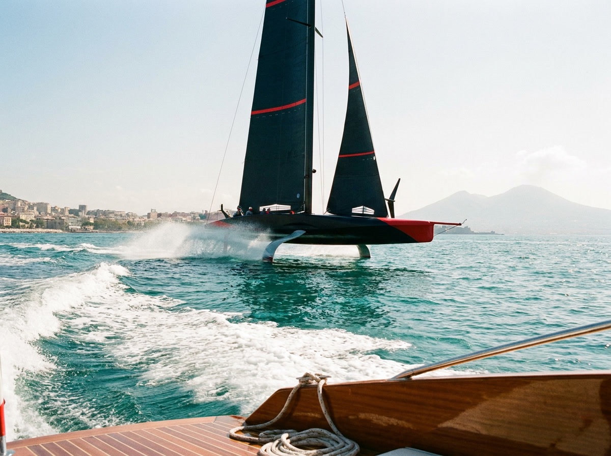 Vista dal mare di un AC75 in regata nel Golfo di Napoli durante la Coppa America