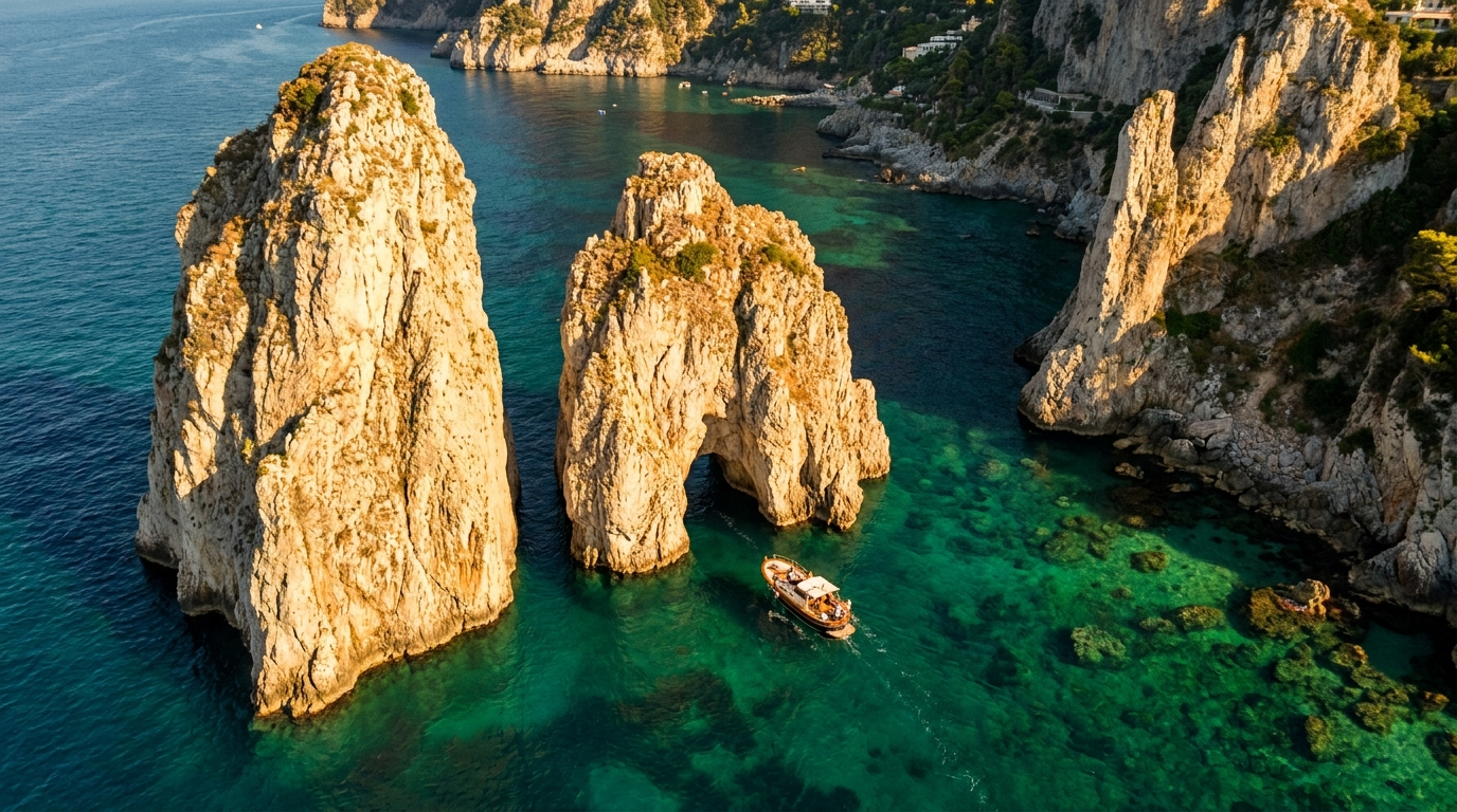 Caletta ai Faraglioni di Capri, acque smeraldo e rocce calcaree