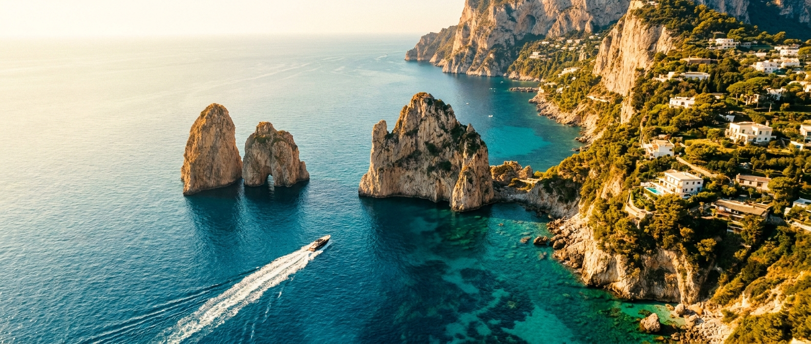 Vista aerea di Capri con i Faraglioni, acque turchesi e una barca di lusso