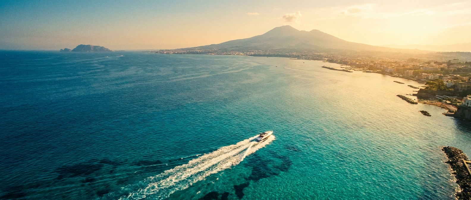 Golfo di Napoli visto dall'alto con il Vesuvio e una barca di lusso in navigazione