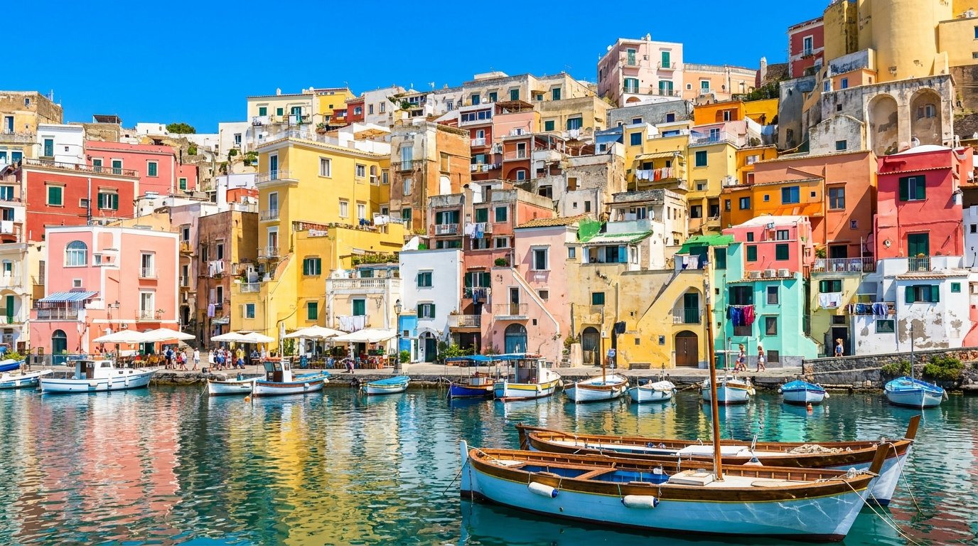 Corricella a Procida — case colorate dei pescatori sul porto