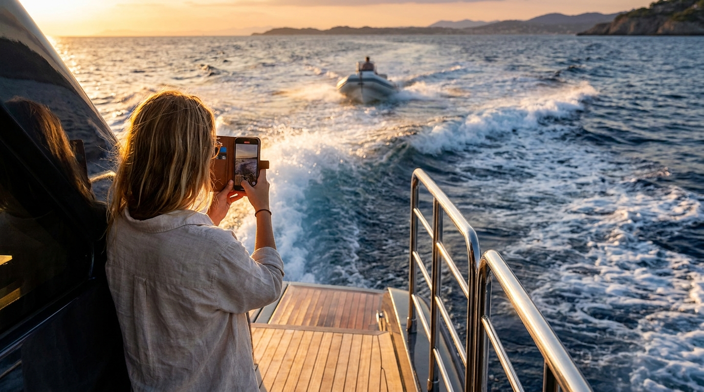 Ospite a bordo filma con lo smartphone la scia di un gommone al tramonto