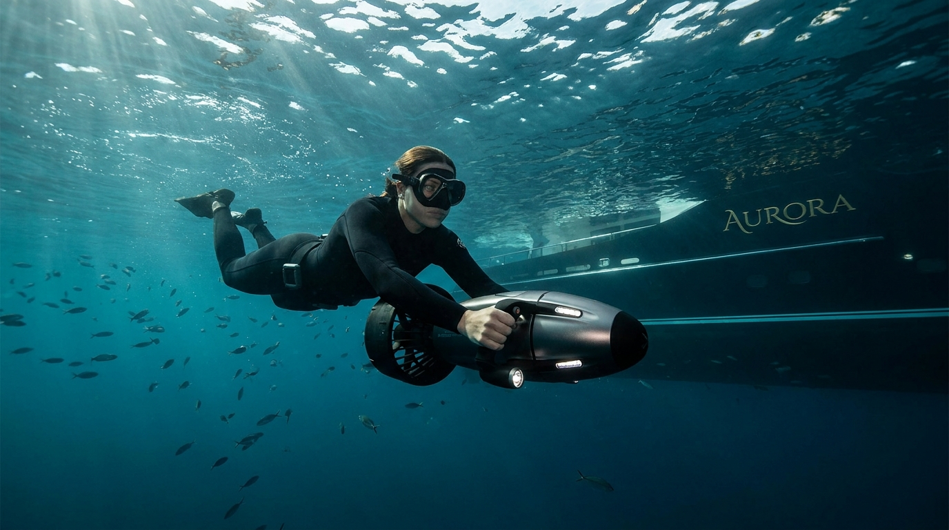 Persona in muta che utilizza un DPV subacqueo in acque cristalline del Mediterraneo