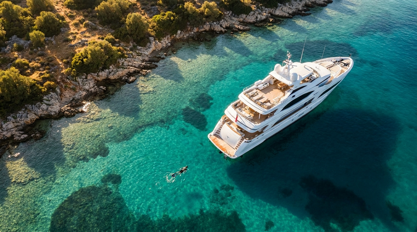 Vista aerea di uno yacht di lusso in una baia del Mediterraneo con persona in snorkeling