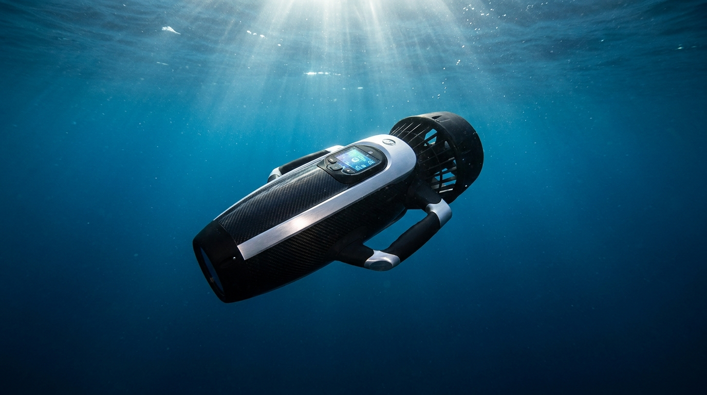 DPV subacqueo Seabob in acqua cristallina del Mediterraneo con raggi di luce